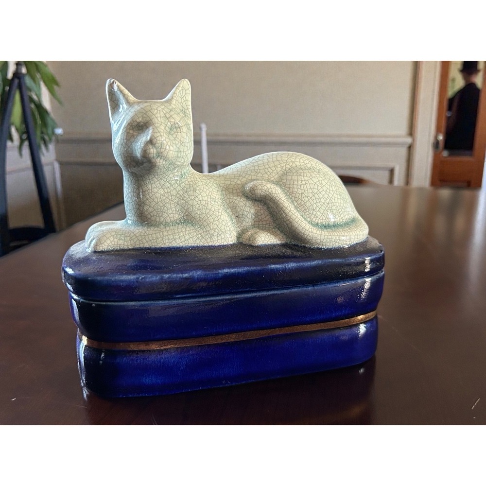 Takahashi Porcelain Crackle Green‎ Cat Trinket Box Colbalt Blue Japan Vintage